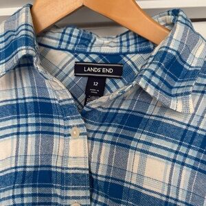 Lands End White and Blue Checkered Flannel